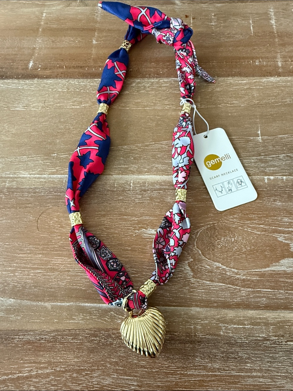 NWT Gemelli Pink & Navy Scarf Necklace with Gold Heart Pendant